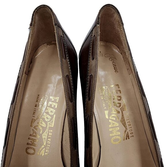 Vintage Salvatore Ferragamo Womens 7.5 Brown Tan Italy Leather Dress Pumps Heels - Picture 8 of 11